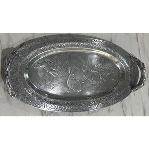 Large Arthur Court 1980 24" X 12.5" aluminum handled tray bunny rabbits Holiday